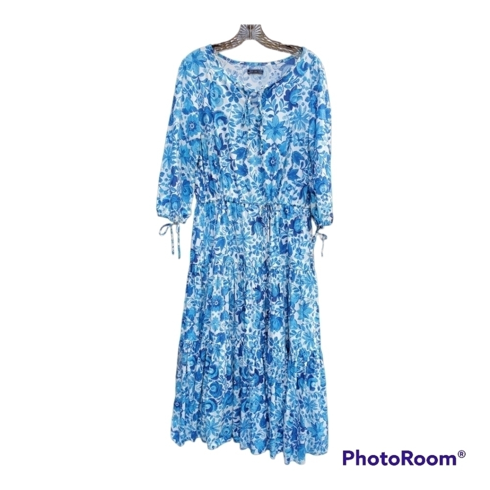 MDS Stripes Blue Floral Midi Dress 3/4 Sleeve V-Neck Keyhole Tie Front Cotton - Picture 2 of 6